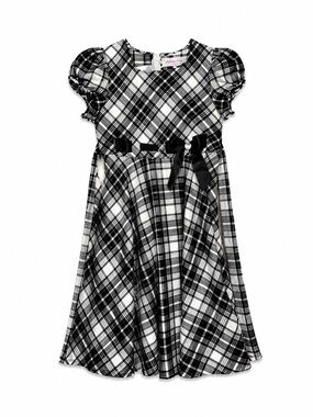 Ashley Ann Black White Plaid Dress Puff Sleeve Bow Rhinestone Fit Flare